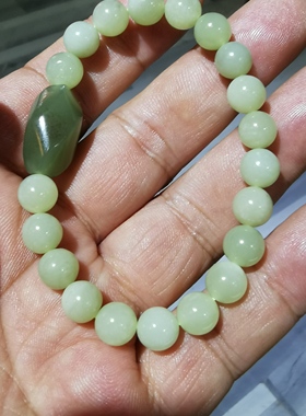和田玉黄口料（扭转乾坤）8毫米手串，青玉扭珠配若羌黄口料