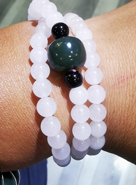 新疆白玉塔玉颈链 配和田玉塔青转运珠 三圈手串个性手链