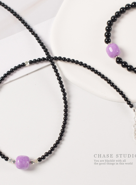 CHASE追逐/原创手作天然黑玛瑙+紫云母小众设计师项链手链套装女