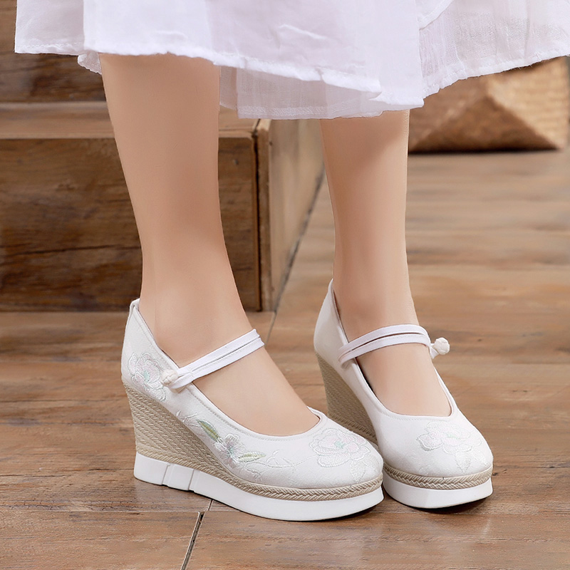白色绣花鞋女夏季百搭时尚民族风女鞋古风鞋超高跟汉服鞋增高布鞋,淘宝优惠券,粉丝福利购,淘宝优惠卷