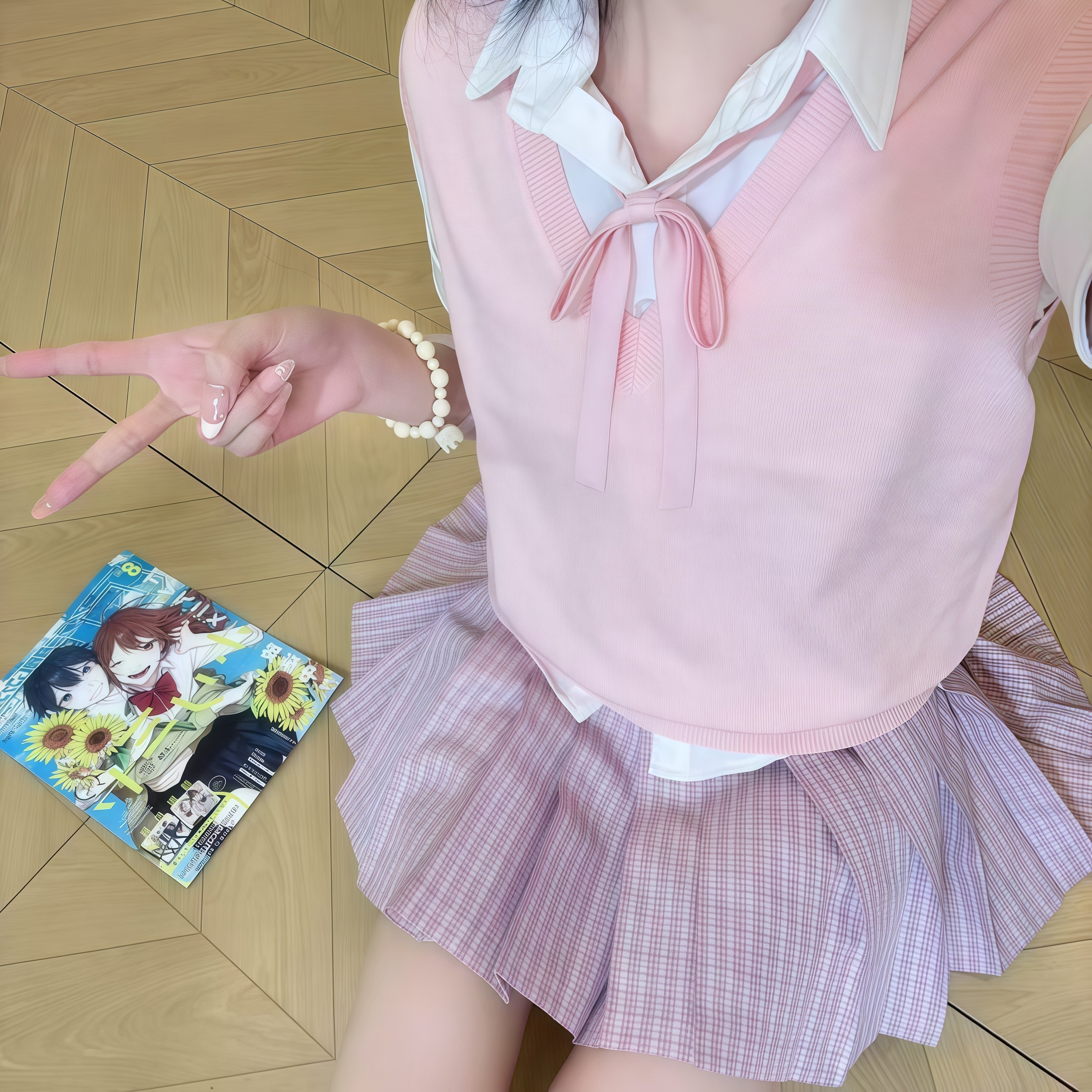 妙氏原创JK制服背心马甲格裙套装甜美收腰老头衫针织无袖毛衣秋 - 图2