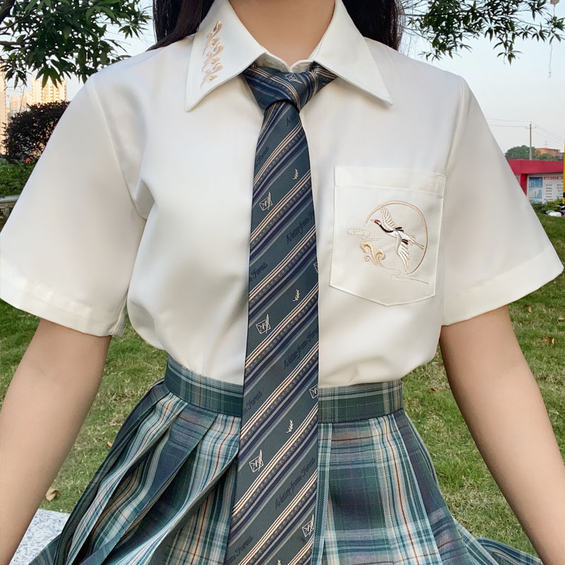 妙氏原创JK制服店【寻月】原创JK短袖刺绣衬衫仙鹤黑夏季女制服中袖日系衬衣白寸衫0