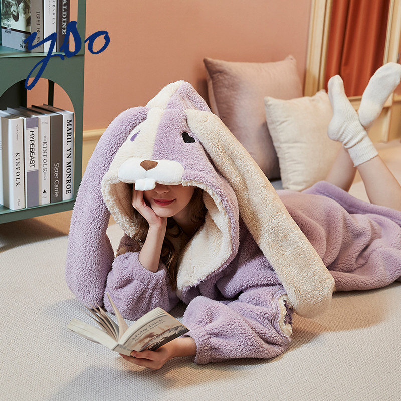 yso秋冬季珊瑚绒可爱长耳兔女睡袍 yso睡袍/浴袍