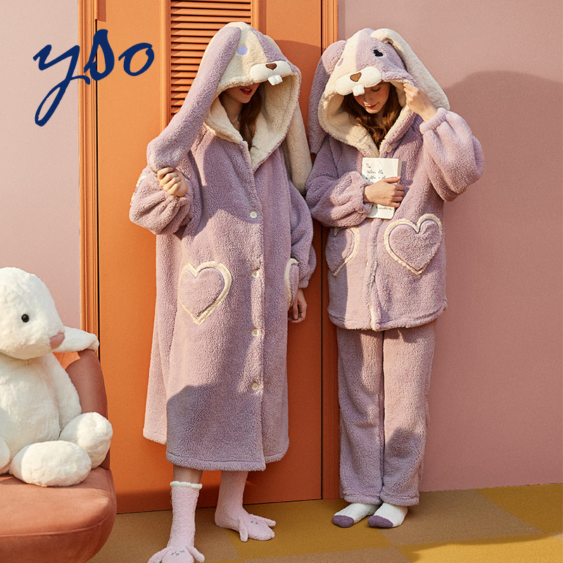 yso秋冬加绒可爱长耳兔珊瑚绒睡衣 yso睡衣/家居服套装