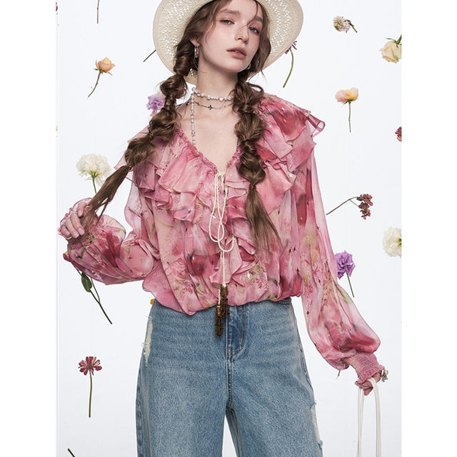 Fairy's original French ruffled printed chiffon shirt for women 2025 spring new design and temperament top