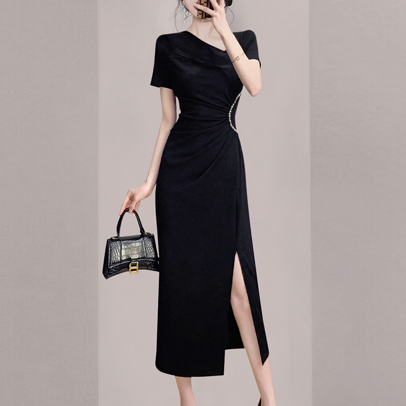 御姐风轻奢气质黑色连衣裙2024夏季新款女装高端女神范收腰中长裙 - 图0