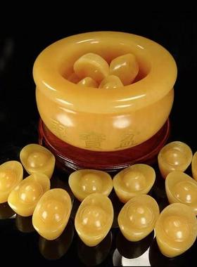 黄玉石聚宝盆摆件天然玉元宝客厅玄关前台收银装饰新中式开业礼品