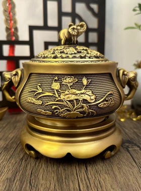 有盖象耳荷花套炉金属纯铜桌面熏香香炉摆件装饰品室内金属工艺品
