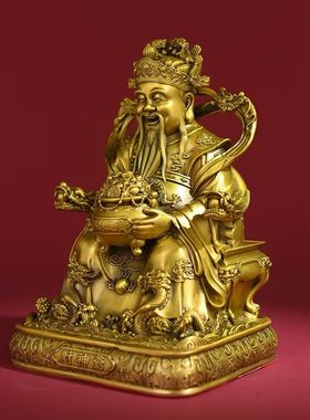 纯黄铜财神摆件聚宝盆文财神比干店铺开业送礼元宝财神像家用供奉