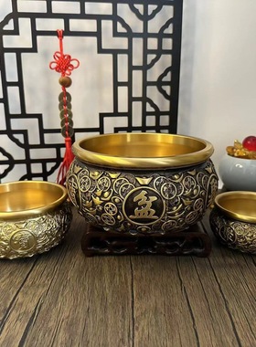 黄铜金钱元宝聚宝盆件招财聚财铜存钱罐艺术品门厅收纳客厅装饰品