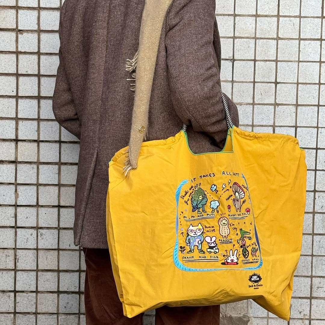 日系ball chain刺绣黄色虚拟环保购物袋斜挎帆布包2025单肩通勤包,淘宝优惠券,粉丝福利购,淘宝优惠卷
