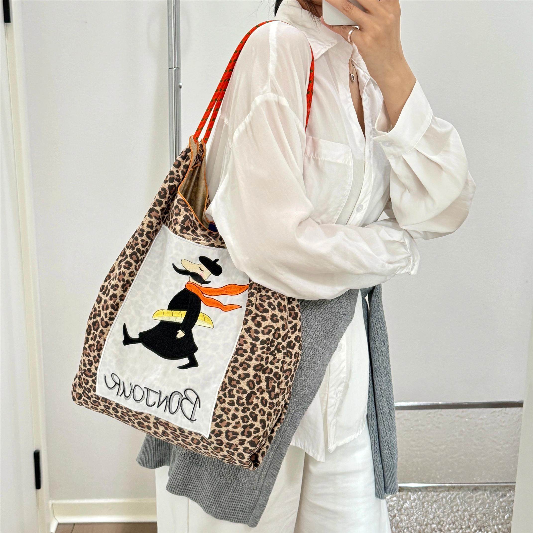 日系ball chain刺绣豹纹犹太人环保购物袋斜挎帆布包女单肩通勤包,淘宝优惠券,粉丝福利购,淘宝优惠卷