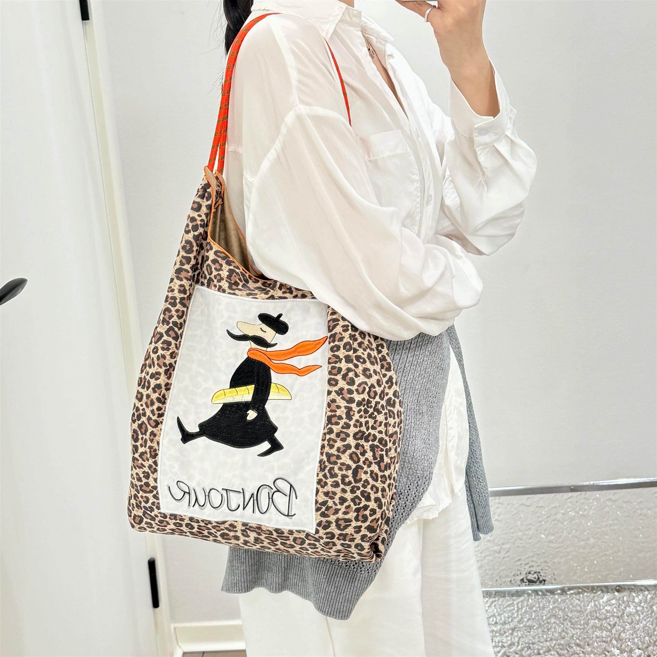日系ball chain刺绣豹纹犹太人环保购物袋斜挎帆布包女单肩通勤包,淘宝优惠券,粉丝福利购,淘宝优惠卷