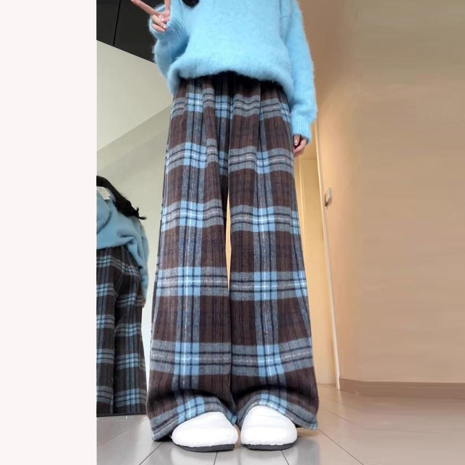 洋气复古蓝格子孕妇毛呢格子裤秋冬托腹加绒直筒裤休闲阔腿长裤子,淘宝优惠券,粉丝福利购,淘宝优惠卷