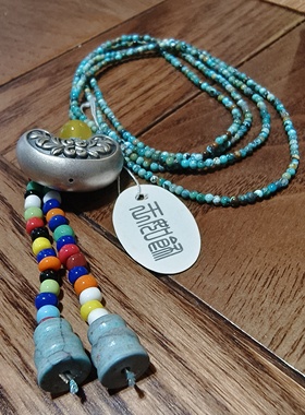 925银蓝松石米珠原创复古藏式毛衣链颈饰项链长链银如意锁