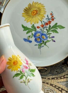 中古欧瓷收藏德国meissen手绘粉玫瑰/虞美人花簇挂盘18cm 多款
