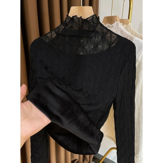 秋冬半高领蕾丝打底衫女加绒加厚2025新款高级感网纱叠穿内搭小衫