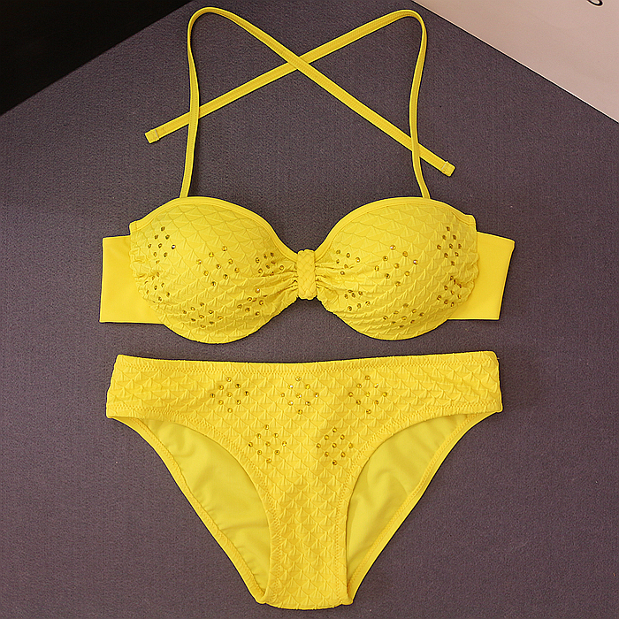 寶藍色鑲鑽BIKINI 海邊亮麗游泳衣女泡溫泉 掛脖大三角鋼託比基尼