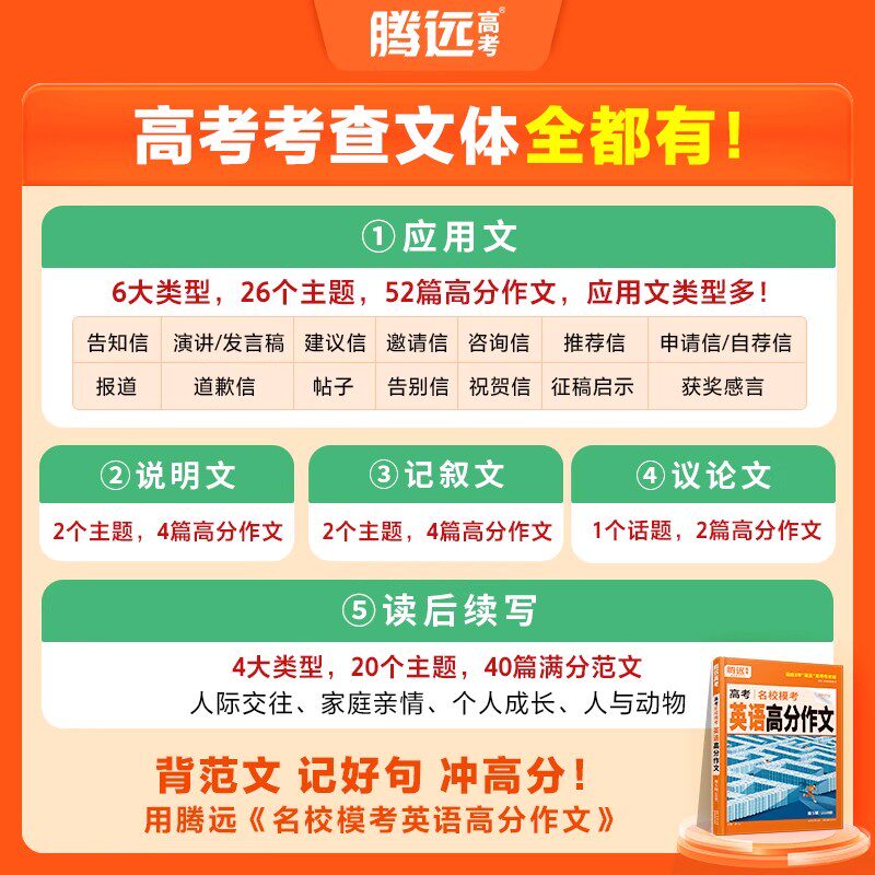 腾远高考2026新版高考英语满分作文名校模考高分作文范文大全高中英语满分作文素材书高一高二高三高中英语作文写作模板复习资料书