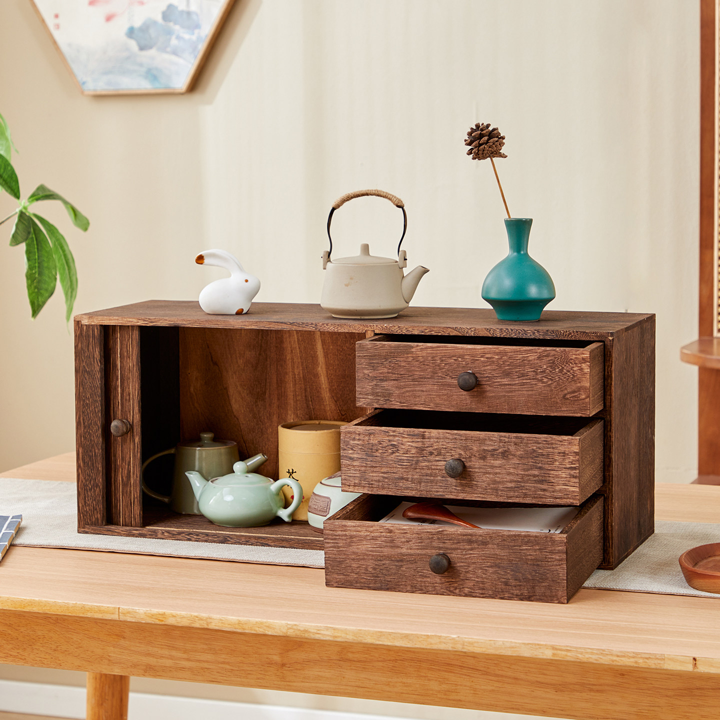 Solid wood desktop drawer storage cabinet tea set storage rack