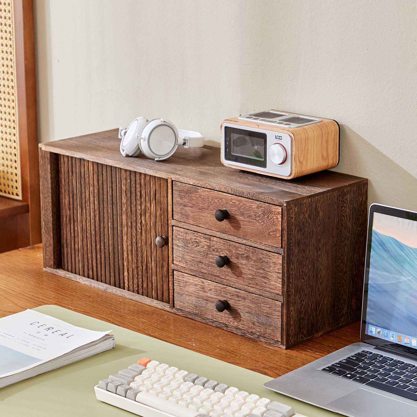 Solid wood desktop drawer storage cabinet tea set storage rack