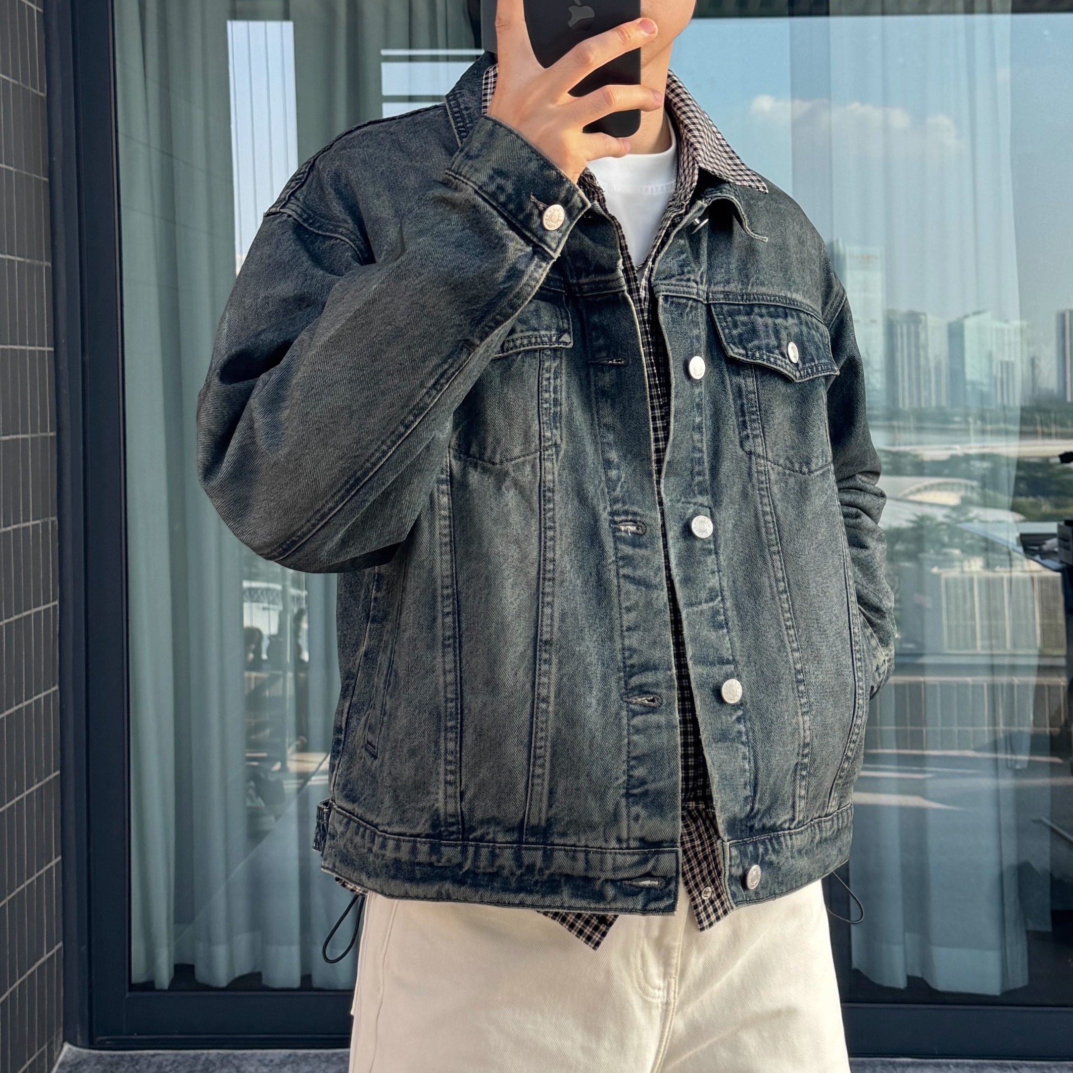 【KEBUSI】高品质水洗做旧脏染炒球雪花牛仔夹克短宽boxy男#Y025 - 图1