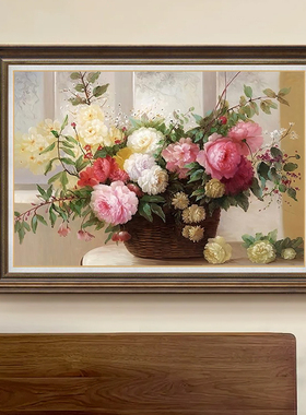 牡丹花卉欧式客厅装饰画壁画餐厅玄关挂画横版美式走廊餐厅油画