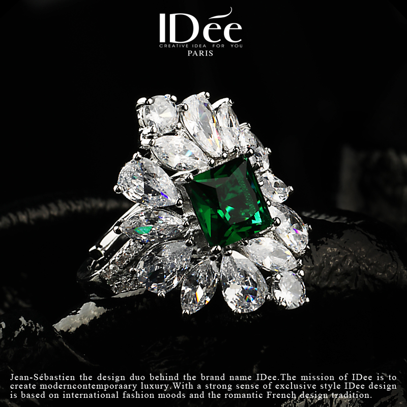 法国idee辉映闪钻祖母绿女潮牌戒指 idee戒指/指环