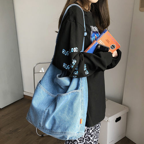 ins牛仔布包韩版单肩包斜挎袋日系原宿 复古文艺慵懒风女大容量潮 - 图1