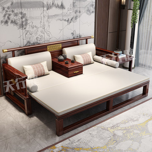 乌金木新中式罗汉床实木两用茶桌椅客厅禅意带抽拉推拉沙发床榻 - 图1