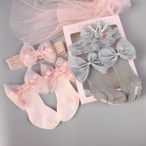 婴儿发带女宝宝纯棉袜子礼盒儿童蝴蝶结公主皇冠黑色卤门韩国头饰 - 图0