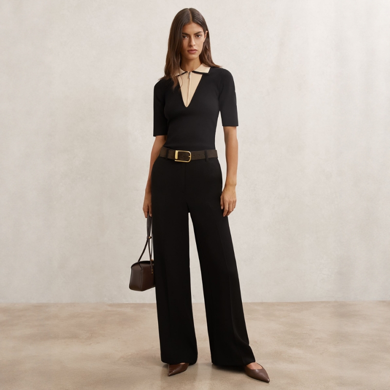 REISS黑色拼色短袖POLO衫针织衫拉链领短款修身简约日常通勤OL风 - 图0