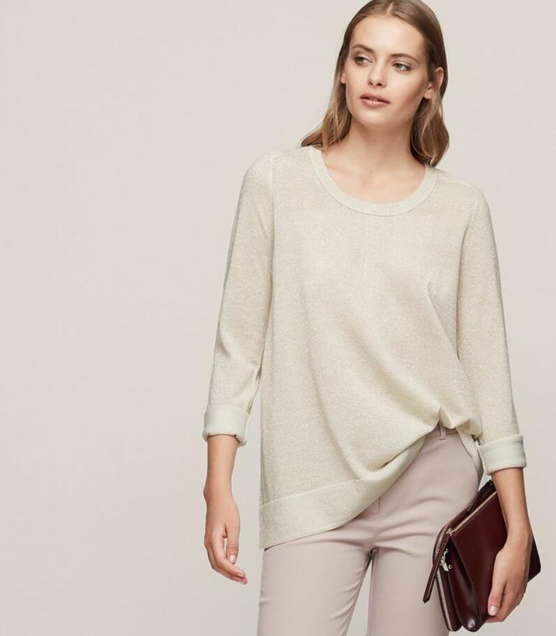 REISS长袖羊毛针织衫上衣燕麦色圆领后系带简约淑女清新通勤百搭 - 图1