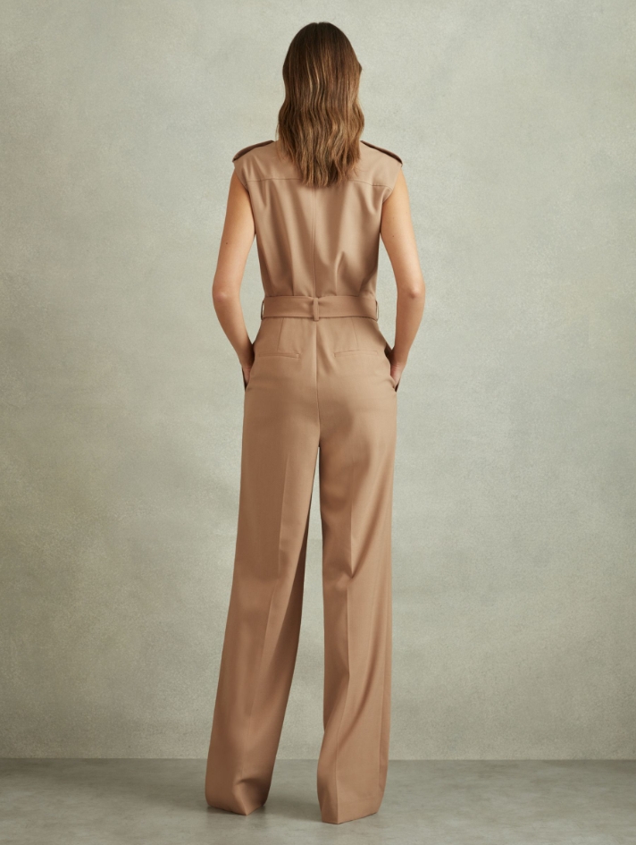 REISS连体裤连衣裤西服领直筒长裤系带石黄卡其色通勤干练百搭 - 图0