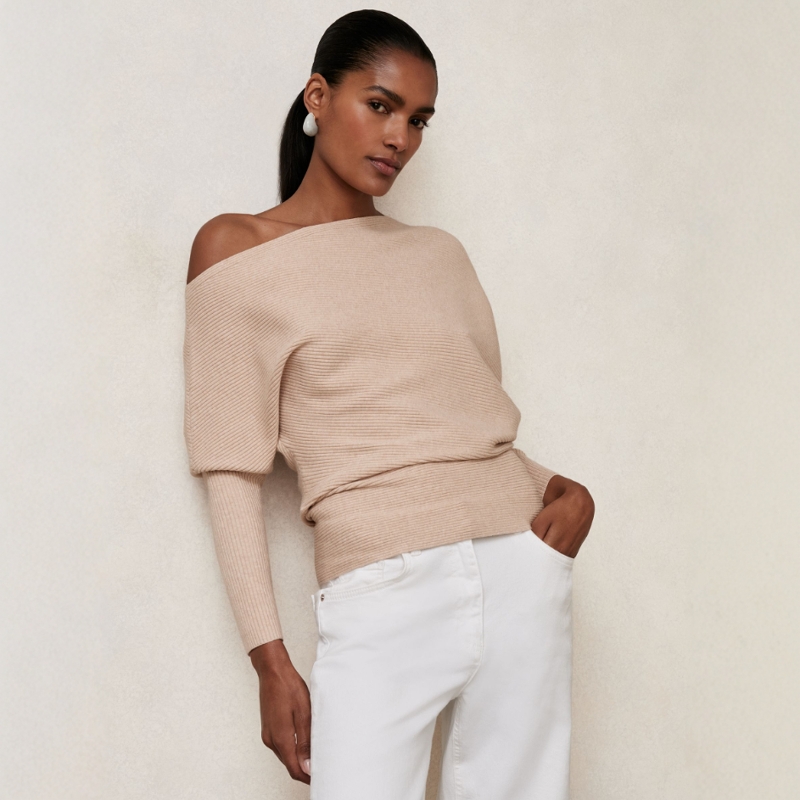 REISS黑针织上衣蝙蝠袖一字领露肩短款修身大气经典百搭气质显瘦 - 图3