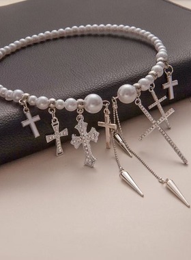 2025年辣妹甜酷高级十字架设计流苏项链choker颈链小众锁骨