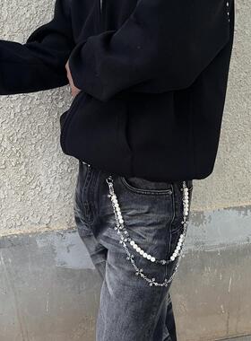 克罗多元素美式高街牛仔裤裤链可拆解挂链白松石西裤腰链金属配饰