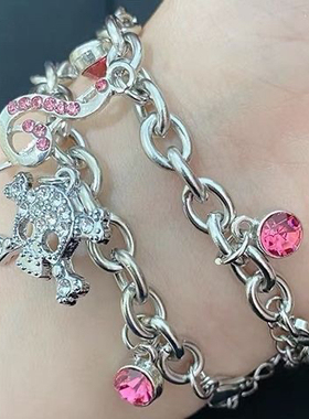 爆款y2k辣妹粉结镶钻骷髅头手链万圣节吊坠手链可爱配饰