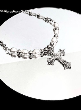 点钻十字架珍珠项链女ins嘻哈潮欧美个性街头超酷设计感锁骨链