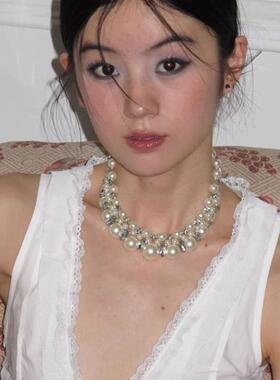 法式氛围感夸张镶钻珍珠项链女多层设计冷淡风choker锁骨链颈链