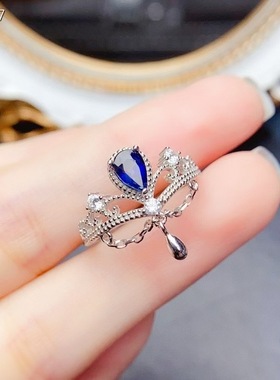 天然蓝宝石戒指，S925银镶嵌、简单大气主石4*6mm （962001）