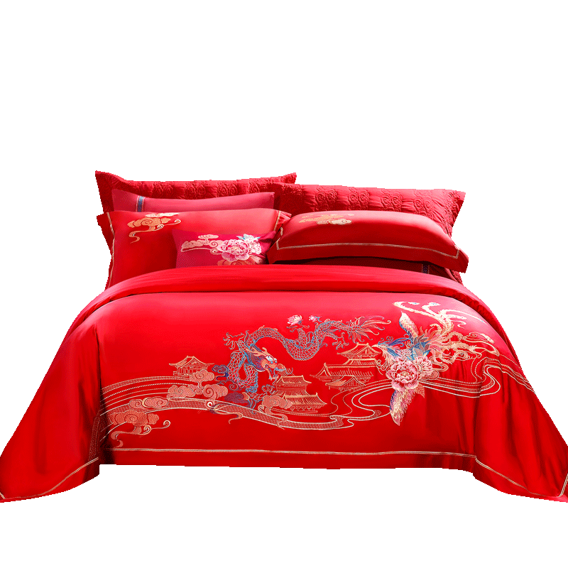 富安娜家纺60支长绒棉大红色被套 富安娜婚庆床品套件