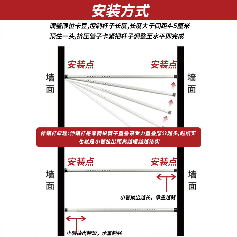 室内固定 免打孔 晾衣杆浴帘杆免安装卧室撑衣杆罗马窗帘杆伸缩杆