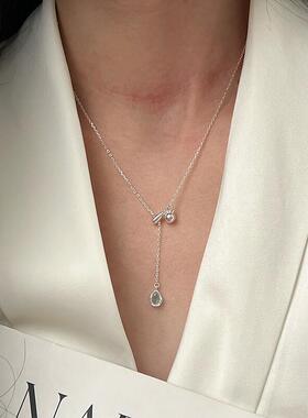酒窝通体S925纯银蓝水滴抽拉流苏项链女小众设计清冷高级感锁骨链