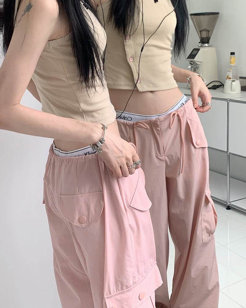 实拍~大码不规则单排扣背心女+松紧腰系带宽松百搭薄款工装休闲裤
