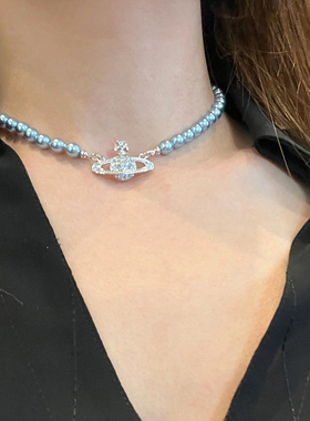 奥米迪奥满钻蓝色珍珠土星项链女气质百搭小众choker锁骨链显白