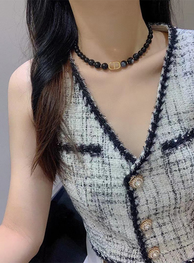 奥米迪奥字母CD黑曜石珍珠锁骨链女项链气质黑色高级感颈链巴洛克