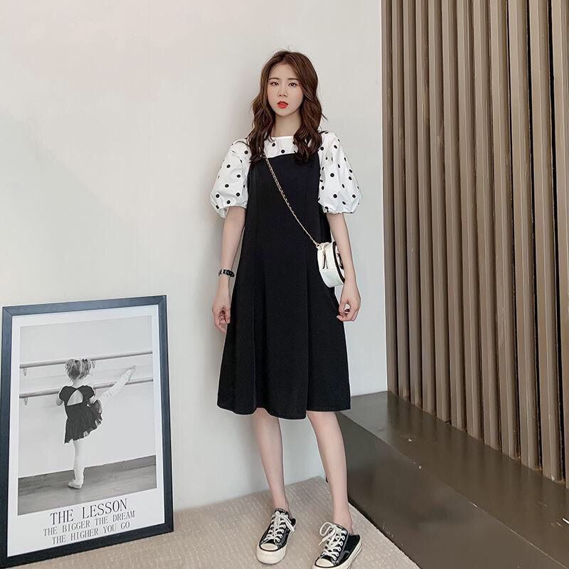 2022套装女减龄宽松波点上衣+显瘦背带裙
