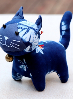 手工扎染布艺小猫摆件蓝白小猫装饰品家居工艺品旅游伴手礼