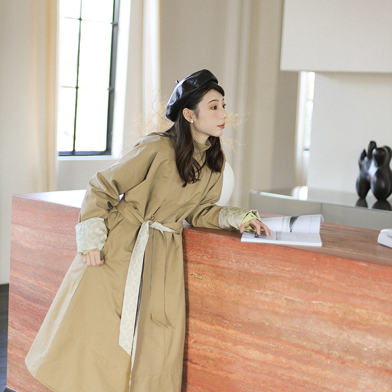 双面浪漫 | 纯汉服唐制襕袍风衣中长款圆领袍卡其色外套撞色通勤,淘宝优惠券,粉丝福利购,淘宝优惠卷